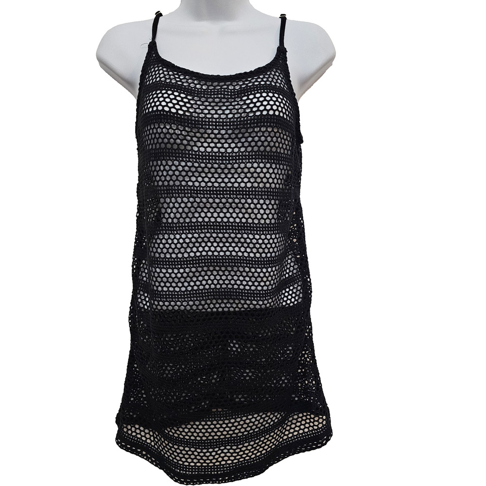 NWT Womens Swim Cover Up XS Black Crocheted Sheer Mini Dress Resort Beach Pool